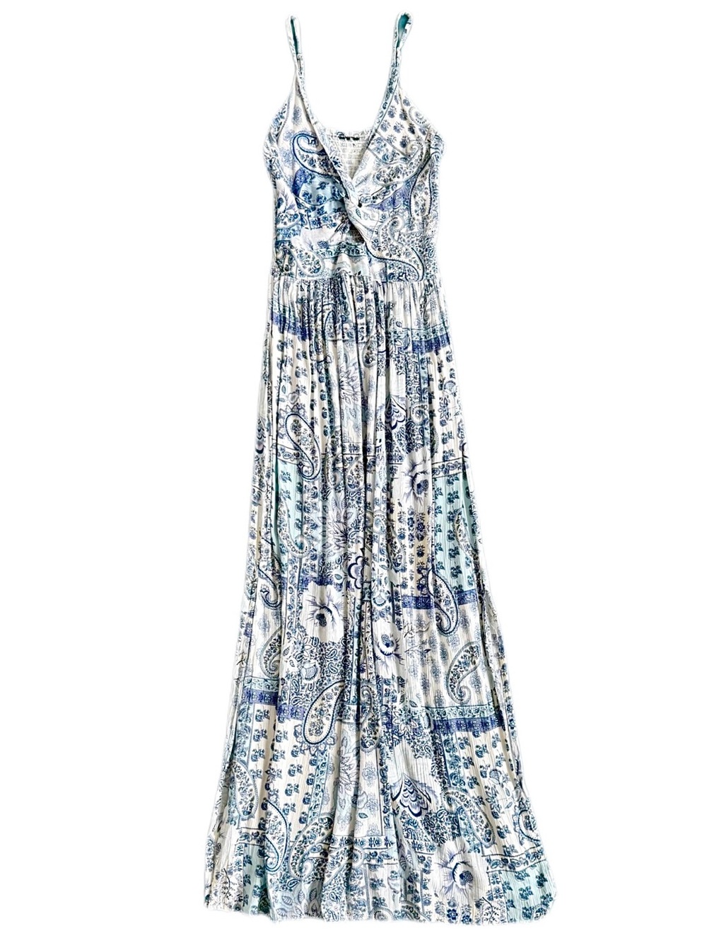ANGIE Blue Paisley Patchwork Boho Cutout Twist Front Maxi Dress
